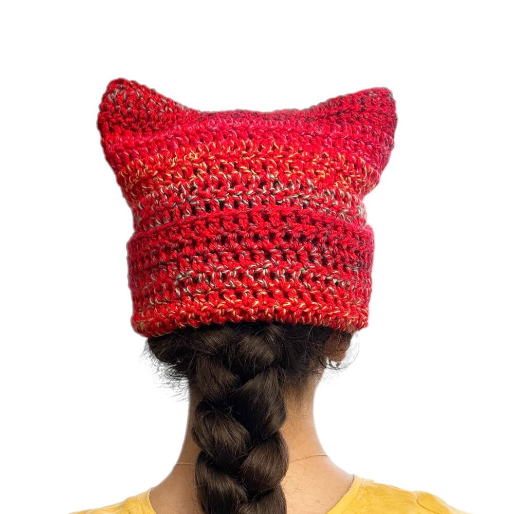 Cat Ear Cuff Oversize Beanie Red with Multicolor Small Stripes Crochet Brand New